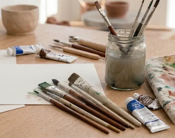 Paintbrushes and art materials on a desk